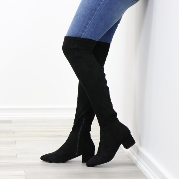 Shoes - Pointy Toe Over The Knee Black Boots Faux Suede